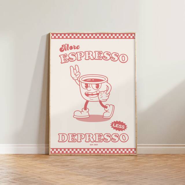More Espresso Less Depresso Print - Retro Prints, Vintage Print, Coffee Lover, Bold Wall Art, Style - image 1