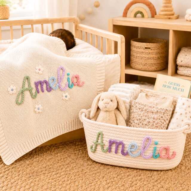 Custom Hand-Embroidered Name Knit Baby Blanket & Woven Basket, Newborn Announcement Infant Shower Gift - image 1