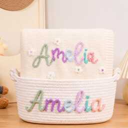 Custom Hand-Embroidered Name Knit Baby Blanket & Woven Basket, Newborn Announcement Infant Shower Gift - thumbnail 2