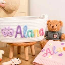 Custom Hand-Embroidered Name Knit Baby Blanket & Woven Basket, Newborn Announcement Infant Shower Gift - thumbnail 3