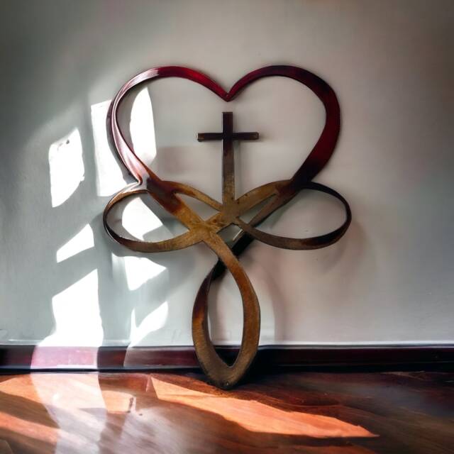 Eternal Love Infinity Heart Cross Metal Wall Art - Steel, Copper, Bronze Plated With Red Paint Accents - image 1