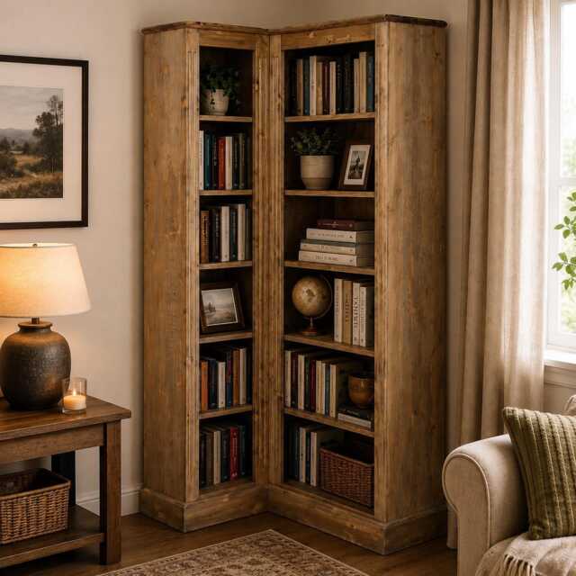 Traditional 6Ft Tall Corner Bookcase, Handcrafted Adjustable Display Solid Wood Shelving Unit, Large Bookshelves - image 1