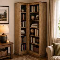 Traditional 6Ft Tall Corner Bookcase, Handcrafted Adjustable Display Solid Wood Shelving Unit, Large Bookshelves