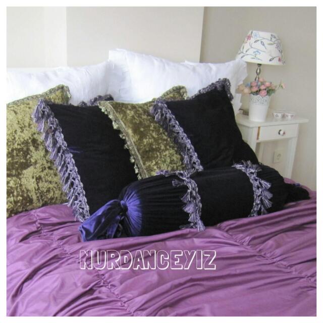Long Neck Roll Lumbar Pillow, Velvet Bolster Pillow Choose Color Sofa Couch Fringe - Decorative Bed Bedding Nurdanceyiz - image 1