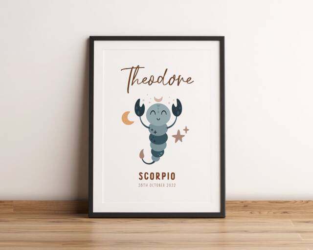 Custom Name Scorpio Print - Zodiac Nursery Personalised Baby Star Sign Art Wall Decor Room New Gift Unframed - image 1