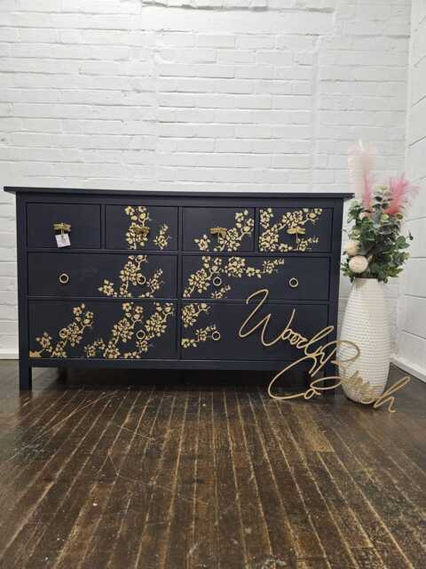 Large Painted Chest Of Drawers Merchant Navy Gold Cherry Blossom Dragonfly Handles - image 1