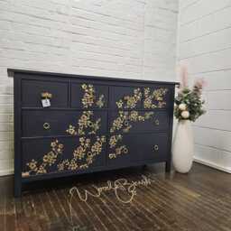 Large Painted Chest Of Drawers Merchant Navy Gold Cherry Blossom Dragonfly Handles - thumbnail 2
