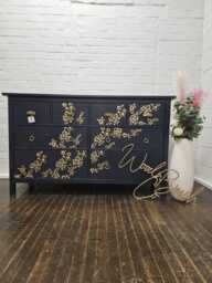 Large Painted Chest Of Drawers Merchant Navy Gold Cherry Blossom Dragonfly Handles