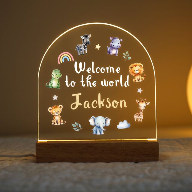 Personalised Led New Baby Lamp, Kids Night Light Gift, Safari Jungle Animals Light, Gifts, Bedroom Nursery Lights - image 1