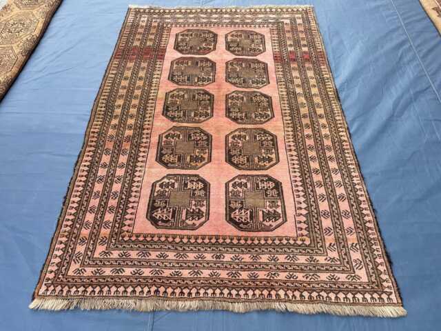 Handmade Turkmen Rug 5x7, Antique Look Afghan Wool Rug, Muted Pink Salmon Geometric Area Rug, Traditional Bukhara Gull Tribal Living Room - image 1