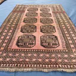 Handmade Turkmen Rug 5x7, Antique Look Afghan Wool Rug, Muted Pink Salmon Geometric Area Rug, Traditional Bukhara Gull Tribal Living Room - thumbnail 2