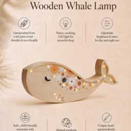Personalized Floral Wooden Whale Led Night Light, Handmade Ocean-Themed Nursery Lamp, Coastal Girls' Bedroom Decor, Newborn Baby Shower Gift - thumbnail 3