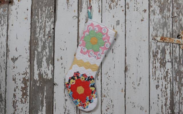 Vintage Quilt Christmas Stocking Hand-Stitched Floral Design - image 1