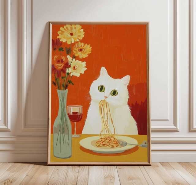 Cat Eating Spaghetti Poster, Funny Kitchen Wall Art, Whimsical Dining Print, Cute Animal Pasta Illustration, Quirky Foodie Home Decor - image 1
