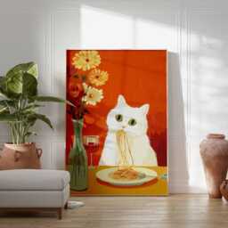 Cat Eating Spaghetti Poster, Funny Kitchen Wall Art, Whimsical Dining Print, Cute Animal Pasta Illustration, Quirky Foodie Home Decor - thumbnail 3
