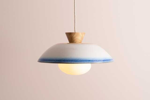 Blue & White Dawn Pendant Light in Ceramic & Oak - image 1