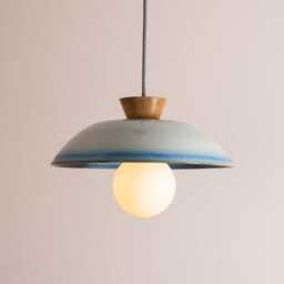 Blue & White Dawn Pendant Light in Ceramic & Oak - thumbnail 3