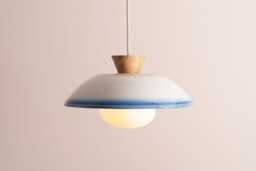 Blue & White Dawn Pendant Light in Ceramic & Oak
