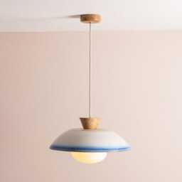 Blue & White Dawn Pendant Light in Ceramic & Oak - thumbnail 2