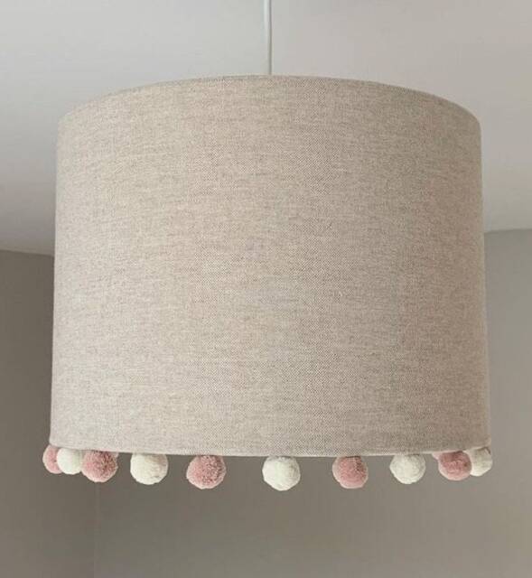Linen Lampshade With Pink Pom Poms - Handmade Girls Bedroom Decor - image 1