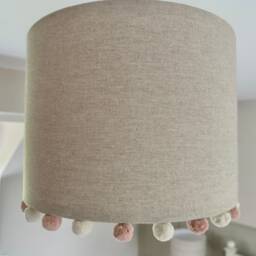 Linen Lampshade With Pink Pom Poms - Handmade Girls Bedroom Decor - thumbnail 3
