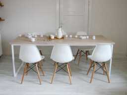 Solid Oak Dining Table Basic Fem, Handmade Contemporary Steel Frame Table, For Room & Kitchen, Bleached Wood
