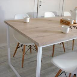 Solid Oak Dining Table Basic Fem, Handmade Contemporary Steel Frame Table, For Room & Kitchen, Bleached Wood - thumbnail 3