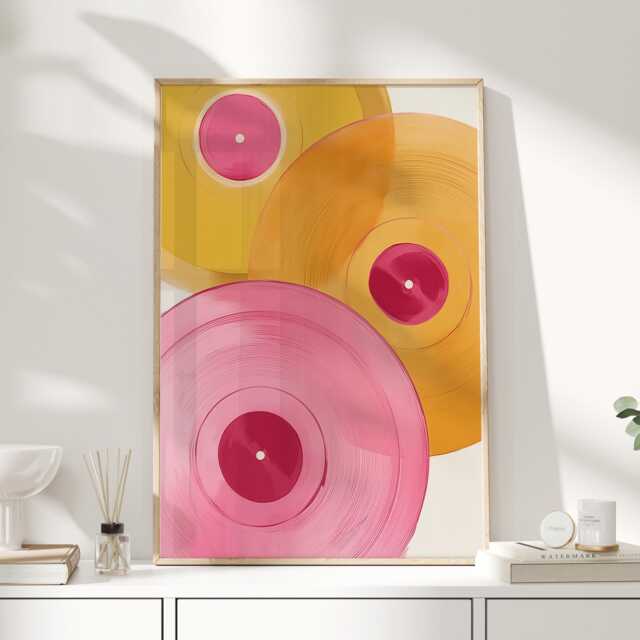 Vinyl Record Wall Art Print - Pink & Mustard Abstract Music Retro Player Decor Lover Gift - image 1