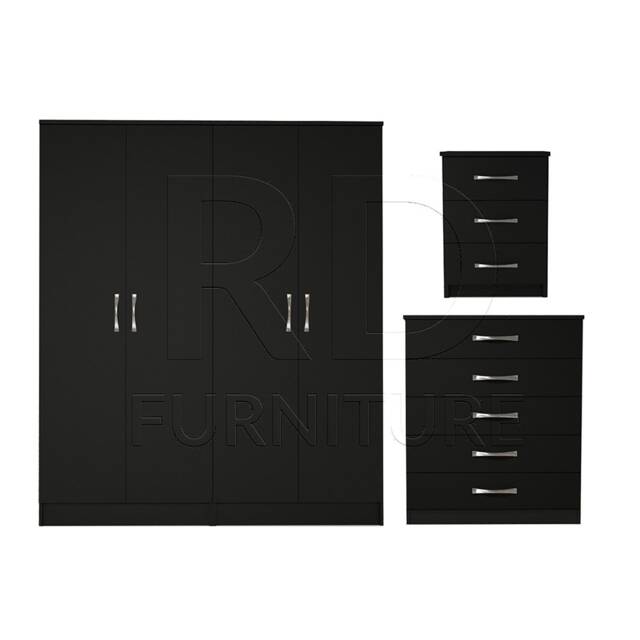 Bedroom Set, Black Set, Wardrobe, Mirrored Chest Of Drawers & Bedside Table. Ready Assembled - image 1