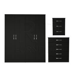 Bedroom Set, Black Set, Wardrobe, Mirrored Chest Of Drawers & Bedside Table. Ready Assembled - thumbnail 1