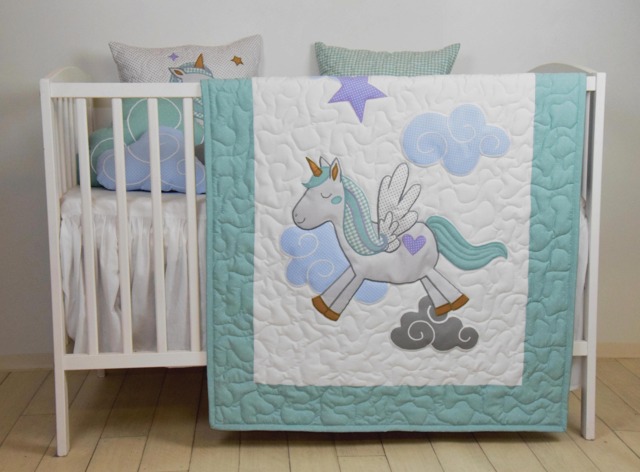 Unicorn Baby Blanket, Fantasy Quilt, Clouds , Magical Nursery, Horse Bedding, Shower Gift Idea - image 1