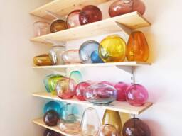 Colored Glass Pendant Lights. Kitchen Lighting. Lights Over Dining Table. Hand Blown Custom