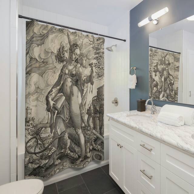 Heresis Dea Witchy Medieval Goddess Shower Curtain - Gothic Dark Art Decor Occult Pagan Mythology Black Bathroom - image 1