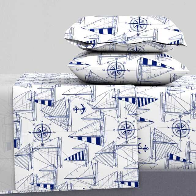 Blue Sailboats Sheets - Navy White By Mirabelle_Print Nautical Anchor Cotton Sateen Sheet Set Bedding Spoonflower - image 1