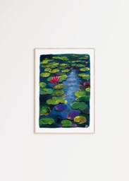 Waterlily Pond Gouache Painting Print Tranquil Floral Wall Art - thumbnail 1