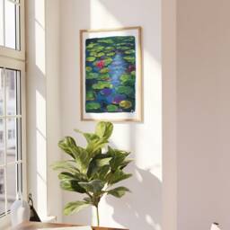 Waterlily Pond Gouache Painting Print Tranquil Floral Wall Art - thumbnail 3