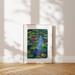 Waterlily Pond Gouache Painting Print Tranquil Floral Wall Art - thumbnail 2