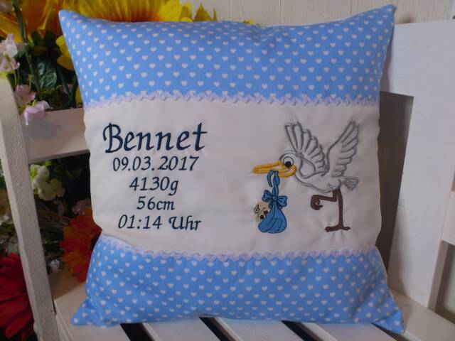 Pillow With Name For Birth - Stork Light Blue - image 1