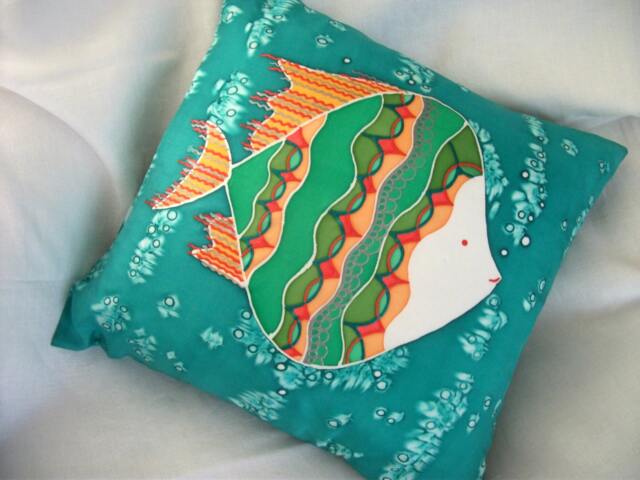Silk Cushion Cover. Accent Pillow. Green White & Orange. Abstract Fish Design. Christmas Gift - image 1