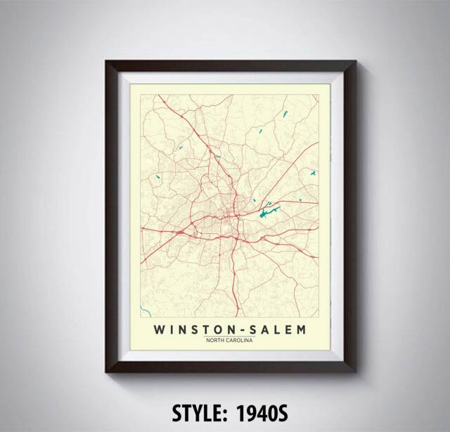 Winston-Salem Nc Map Art Print Roadways & Waterways - image 1