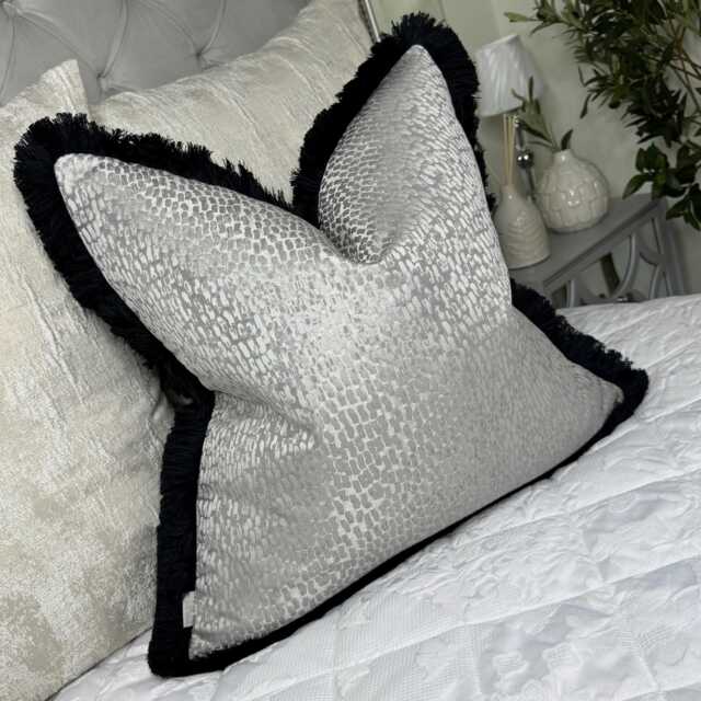 Elegant Fringed Grey Pillow Cover With Black Fringe Handmade Luxury Cushion For Home Decor Antelope Dove - image 1