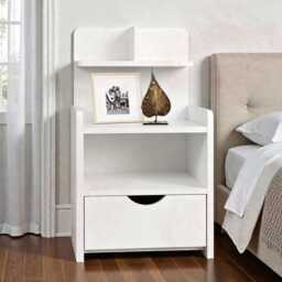 White Wooden Bedside Table With Drawer Modern Bedroom Nightstand Storage - thumbnail 2