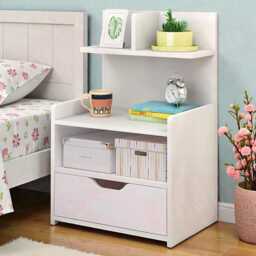 White Wooden Bedside Table With Drawer Modern Bedroom Nightstand Storage - thumbnail 1