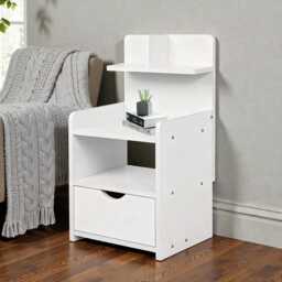 White Wooden Bedside Table With Drawer Modern Bedroom Nightstand Storage - thumbnail 3