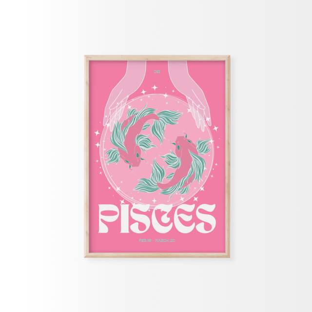 Pisces Zodiac Print - Astrology Prints, Colourful Wall Art, Retro Print, Star Sign, Eclectic Decor - image 1