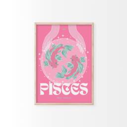Pisces Zodiac Print - Astrology Prints, Colourful Wall Art, Retro Print, Star Sign, Eclectic Decor - thumbnail 1
