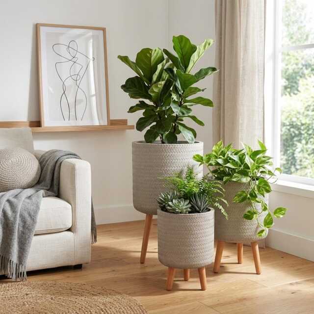 Beige Concrete Plant Pot On Wood Stand, Hand-Textured Rattan Pattern Tripod Planter, Mid Century Modern Indoor Planter Housewarming Gift - image 1