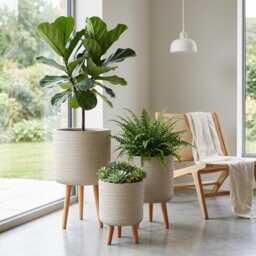 Beige Concrete Plant Pot On Wood Stand, Hand-Textured Rattan Pattern Tripod Planter, Mid Century Modern Indoor Planter Housewarming Gift - thumbnail 3