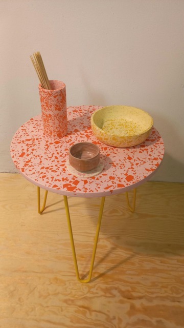 Coffee Table, Side, Balcony, Terrazzo On Metal Legs, Light Pink, 50 cm - image 1