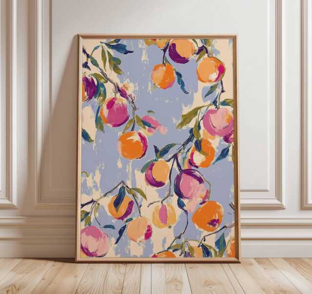 Colorful Peach Poster - Modern Botanical Fruit Art Print Kitchen Wall Decor - image 1